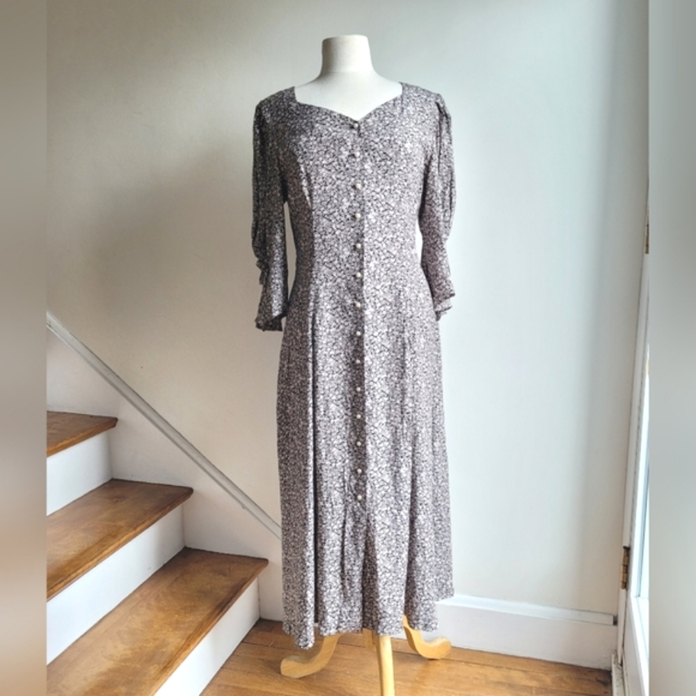 LANZ Originals Vintage Ditsy Floral Granny Cottagecore Maxi Black Dress S/ M